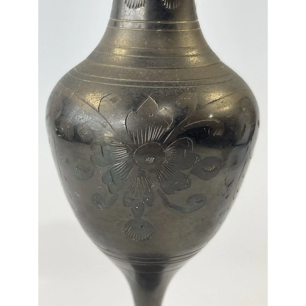 Flower Vase Solid Brass Hand Etched Floral  8